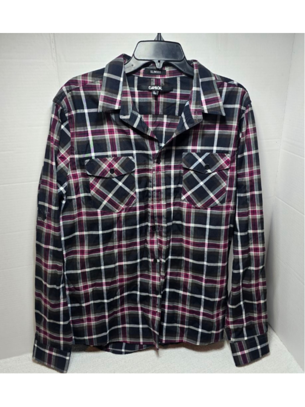Men's Carbon Plaid Casual Button Down Shirt L Black Pink